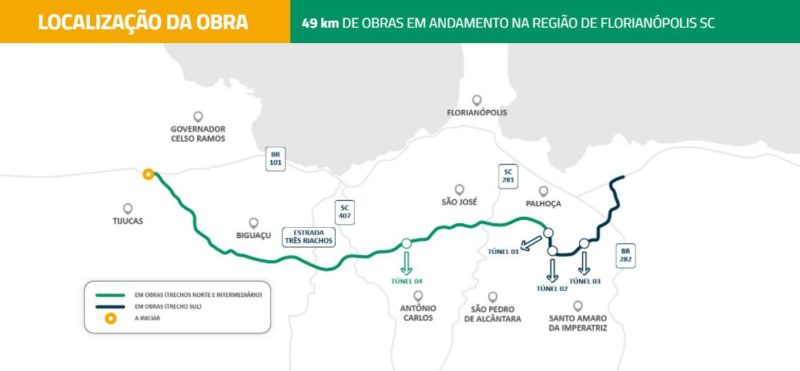 Traçado do Contorno Viário, conforme apontado no mapa disponibilizado no site da concessionária. Em verde os trechos Norte e Intermediário, em preto o trecho Sul e, em amarelo, o suposto único ponto sem o início consolidado – Foto: Divulgação/ND