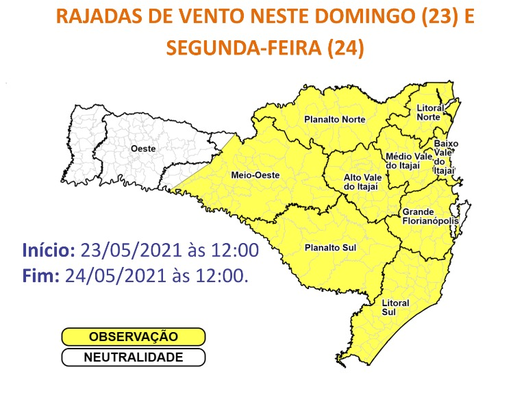 Mapa mostra a situa&ccedil;&atilde;o dos ventos em Santa Catarina – Foto: Defesa Civil/Divulga&ccedil;&atilde;o