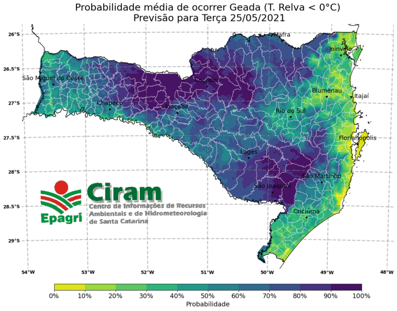 Áreas em azul são as que possuem maior probabilidade de geada – Foto: Epagri/Ciram