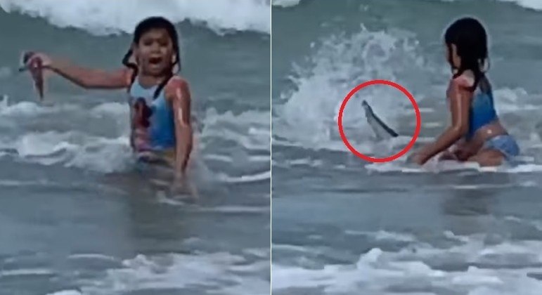 M&atilde;e gravou o momento em que tubar&atilde;o quase atropelou a filha no mar – Foto: Reprodu&ccedil;&atilde;o/Facebook