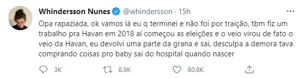 Whindersson Nunes fala sobre término com Luisa Sonza – Foto: REPRODUÇÃO/TWITTER