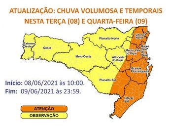 Defesa Civil alerta para chuva intensa e temporais nesta terça-feira (8) e quarta-feira (9) – Foto: EPAGRI/CIRAM/Divulgação/ND