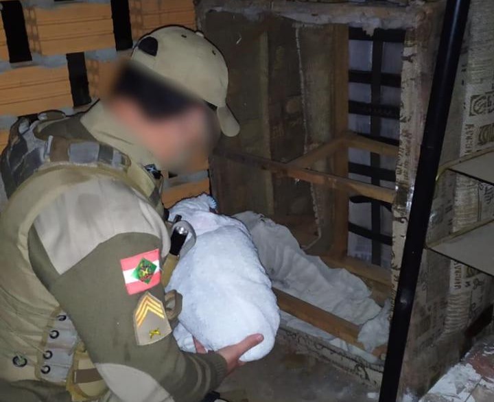 Beb&ecirc; foi encontrada dentro de um sof&aacute; em uma casa abandonada de Tr&ecirc;s Barras – Foto: PM/Divulga&ccedil;&atilde;o