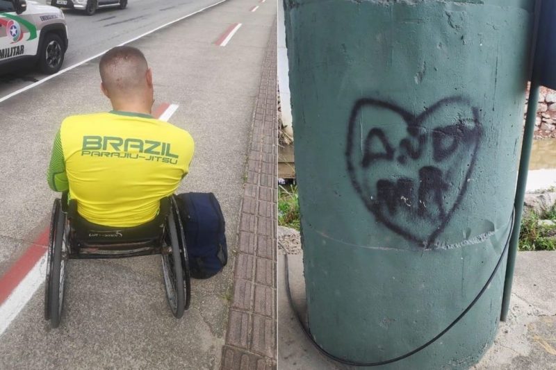 Cadeirante é flagrado pichando ponte de Brusque – Foto: Divulgação/Polícia Militar