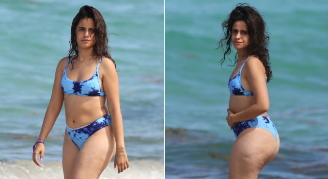 Após fotos tiradas em praia de Miami, Camila Cabello foi atacada na web – Foto: MONTAGEM R7/MEGA/THE GROSBY GROUP