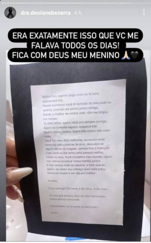 Em post, Deolane mostra a carta com a mensagem de MC Kevin para ela – Foto: Reprodução