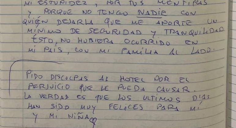 Carta deixada por homem que pulou de quarto de hotel junto com a filha, em São Paulo – Foto: Reprodução