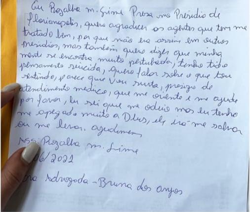 Em carta, acusada de matar grávida em Canelinha diz que pensa em suicídio – Foto: Bruna dos Anjos/Reprodução