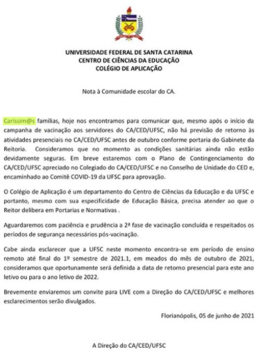 Comunicado com linguagem neutra aos pais dos alunos – Foto: Reprodu&ccedil;&atilde;o