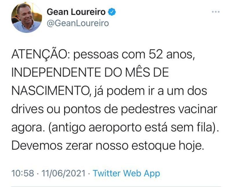 Pessoas cm 52 anos ou mais já podem se vacinar na Capital – Foto: Twitter/Divulgação/ND