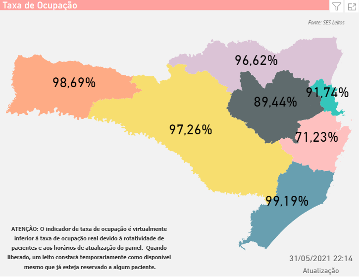 Mapa mostra a situação dos leitos de UTI em Santa Catarina &#8211; Foto: SES/Divulgação