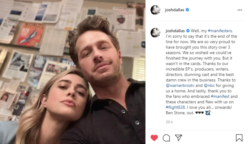 Josh Dallas ao lado de Melissa Roxburgh, int&eacute;rprete de Michaela Stone, irm&atilde; de Ben, que tamb&eacute;m estava no voo 828 – Foto: Divulga&ccedil;&atilde;o/ND