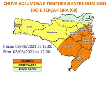 Alerta emitido pela Defesa Civil de SC alerta para alto volume de chuvas em todo o Estado. – Foto: Reprodução/Defesa Civil SC/ND