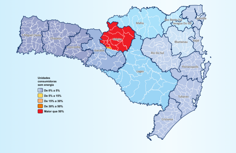 Mapa mostra a situação do abastecimento elétrico em SC – Foto: Celesc/Reprodução/ND