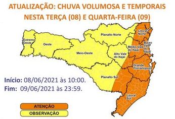 Santa Catarina terá temporais entre esta terça (8) e quarta-feira (9) – Foto: Divulgação/Defesa Civil