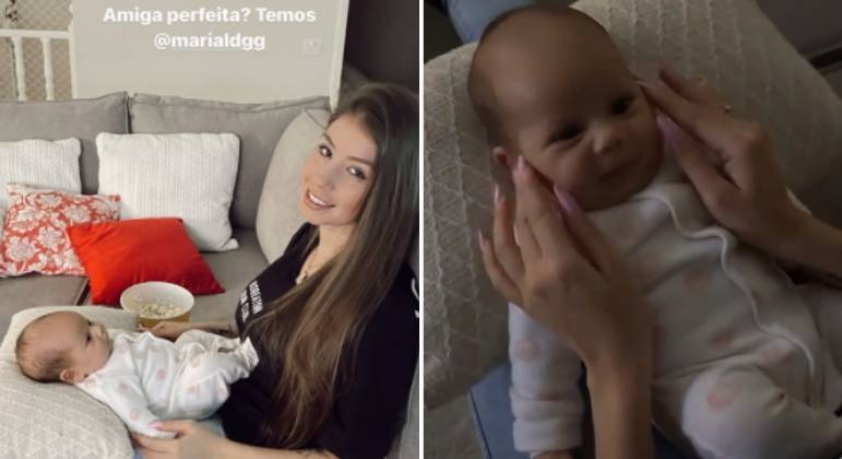Maria Lina Deggan, noiva de Whindersson, visita filha de amiga, Isabela Matte