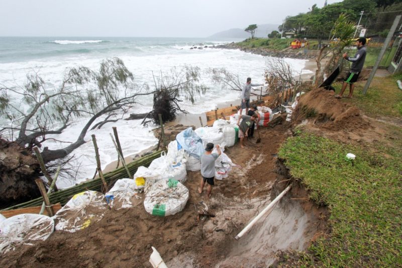 Trincheira com geobags de areia aumenta a proteção das casas sob risco no Morro das Pedras – Foto: Leo Munhoz/ND