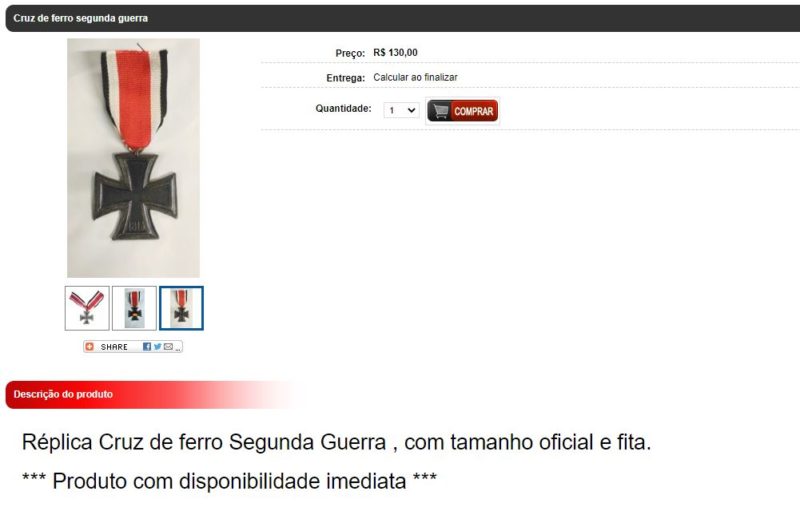 Alguns artigos mais destacados que fazem alusão ao nazismo não paarecem mais na busca da loja, mas itens mais “discretos”, como uma réplica da cruz de ferro, podem ser encontrados – Foto: Reprodução/ND