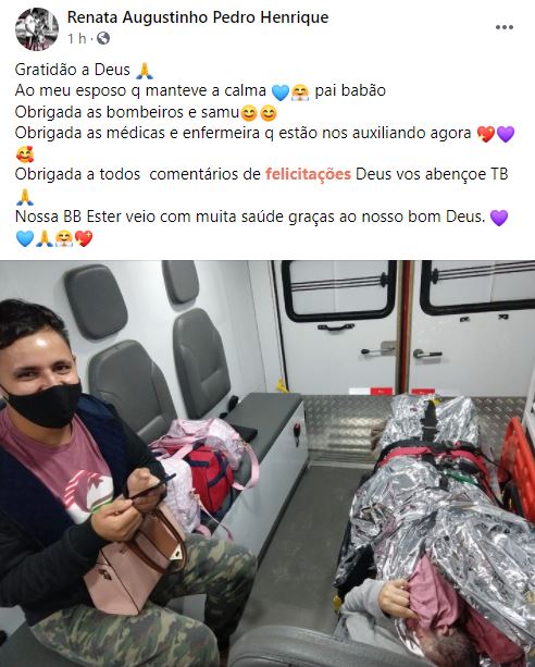 Mãe agradeceu trabalho dos bombeiros e do marido para o nascimento da pequena Ester &#8211; Foto: Redes sociais