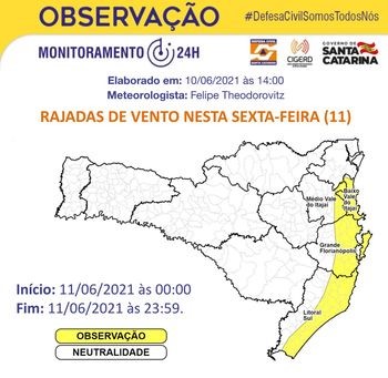 Há chances de rajadas fortes de vento em toda a área amarela do mapa – Foto: Defesa Civil/Divulgação