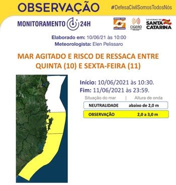 Risco moderado de ressaca e mar agitado deve atingir a Grande Florianópolis e o Litoral Sul – Foto: Defesa Civil/Divulgação