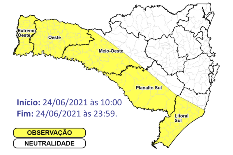 Defesa Civil alerta para temporais nas áreas destacadas em amarelo no mapa – Foto: Defesa Civil de SC/Divulgação/ND