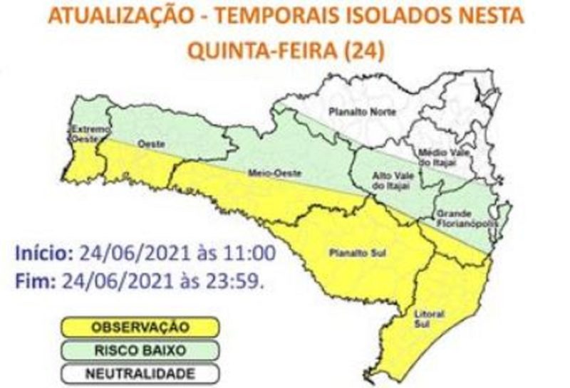 Alerta de temporais em Santa Catarina nesta quinta-feira (24) – Foto: Divulgação/Defesa Civil