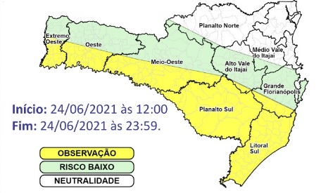 Mapa com previsão para temporais isolados em SC – Foto: Defesa Civil de SC/Divulgação/ND