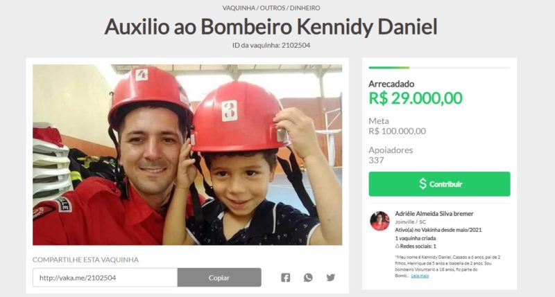 Vaquinha quer arrecadar recursos para ajudar o bombeiro – Foto: Reprodução