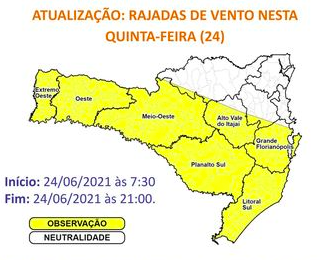 Defesa Civil alerta para risco de ocorrências associadas a fortes ventos nas áreas em amarelo do mapa – Foto: Defesa Civil/Divulgação/ND