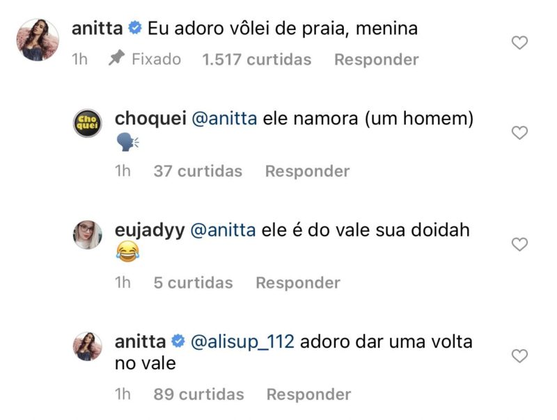 Anitta descobriu que atleta &eacute; gay depois de coment&aacute;rios de seguidores – Foto: Reprodu&ccedil;&atilde;o/Instagram