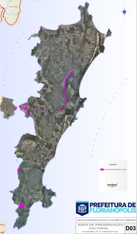 Em rosa, as 19 &Aacute;reas de Preserva&ccedil;&atilde;o Cultural de Florian&oacute;polis – Foto: Reprodu&ccedil;&atilde;o/PMF/ND