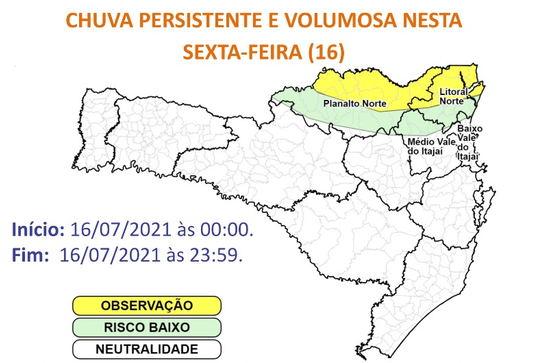 Hã risco moderado de alagamentos nas áreas em amarelo do mapa &#8211; Foto: Defesa Civil/Divulgação/ND