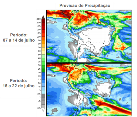 Acumulados de precipita&ccedil;&atilde;o previstos entre os dias 07 e 14 de julho(imagem superior) e 15 a 22 de julho de 2021 (imagem inferior) – Foto: Defesa Civil/Reprodu&ccedil;&atilde;o/ND