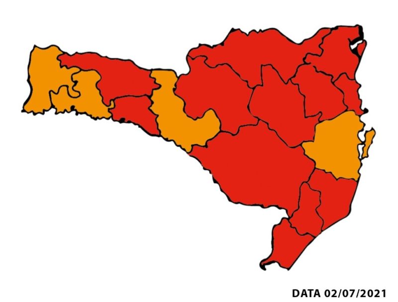 Mapa de risco deste sábado (3) mostra 12 regiões em nível gravíssimo – Foto: Reprodução/SES SC