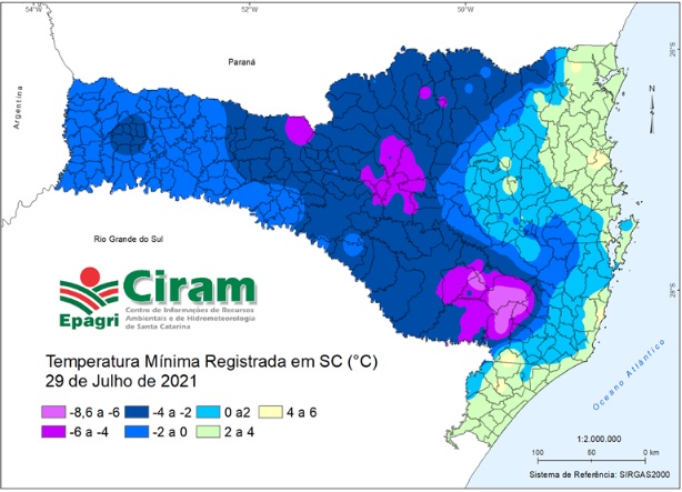 Mapa das temperaturas mínimas registradas ao amanhecer do dia 29/07/2021, em Santa Catarina. – Foto: Maikon Alves/Epagri/Ciram