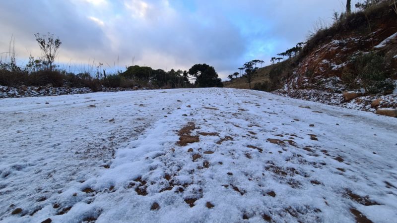 Campo coberto de neve em São Joaquim, na Serra de SC &#8211; Foto: Mycchel Legnaghi / São Joaquim Online