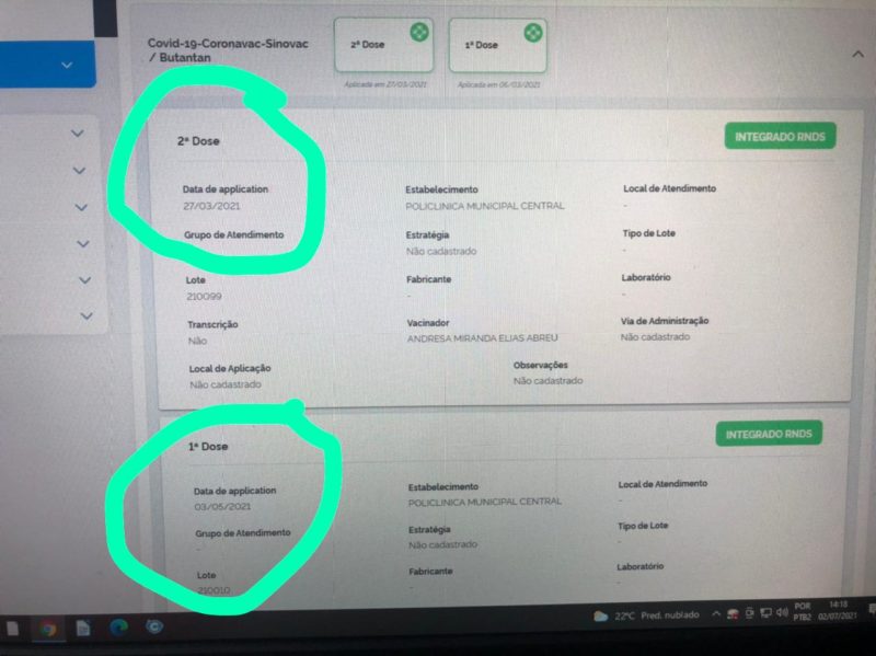 Prefeitura divulgou imagem em que mostra o problema na forma de registro das datas de aplica&ccedil;&atilde;o da vacina. No caso a data de aplica&ccedil;&atilde;o da primeira dose aparece em uma data posterior a da segunda dose – Foto: Divulga&ccedil;&atilde;o/ PMT/ND