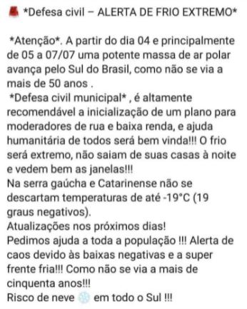 Alerta de frio extremo e neve em Santa Catarina &eacute; falso – Foto: Reprodu&ccedil;&atilde;o/Redes Sociais