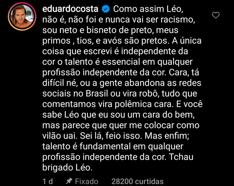 Em comentário, Eduardo Costa rebate o jornalista – Foto: Reprodução/ND