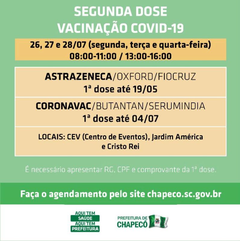 Agendamento para segunda dose da vacina em Chapec&oacute; &mdash; Foto: Reprodu&ccedil;&atilde;o/ND