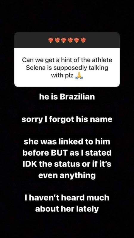 Perfil deuxmi afirmou que o novo namorado de Selena &eacute; um jogador brasileiro – Foto: Reprodu&ccedil;&atilde;o Instagram/ND