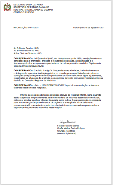 C&oacute;pia do documento enviado &agrave; c&uacute;pula do Hospital Infantil Joan a de Gusm&atilde;o – Foto: Reprodu&ccedil;&atilde;o/ND