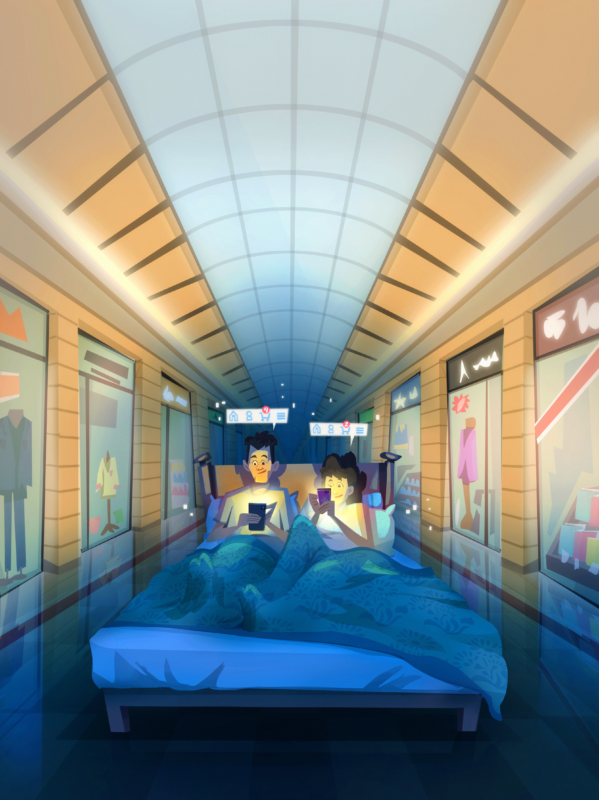 A cena do casal fazendo compras numa cama em corredor de shopping que ilustra essa edição está cada vez mais perto da realidade. – Foto: Ilustração/Pablo Mayer/ND
