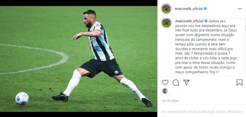 Maicon anunciou na internet sua intenção de deixar o clube – Foto: Reprodução/Instagram