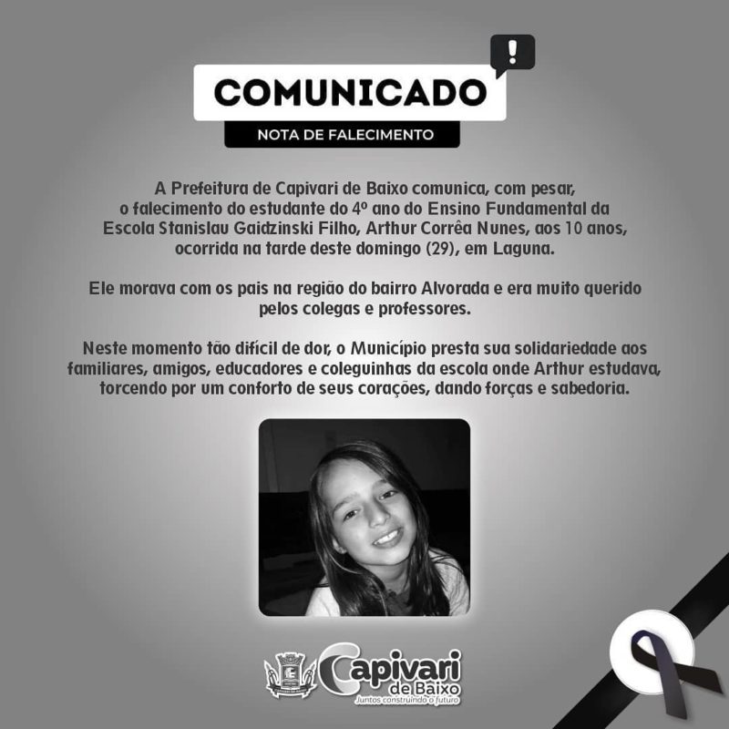 Prefeitura emitiu nota de pesar devido a morte do menino de 10 anos ocorrida em Laguna, no Sul de SC – Foto: Diulga&ccedil;&atilde;o/Prefeitura de Capivari de Baixo/ND