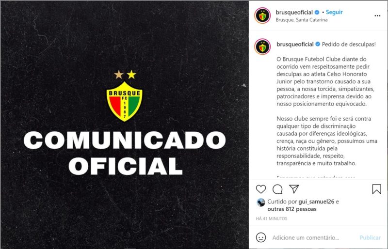 Brusque FC pede desculpas ap&oacute;s repercuss&atilde;o negativa de nota sobre caso de racismo – Foto: Aline Teixeira Leite Camargo/ND