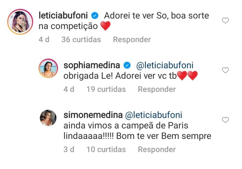 Letícia Bufoni exibiu intimidade com a mãe e irmã de Gabriel Medina em comentário nas redes sociais – Foto: Reprodução Internet