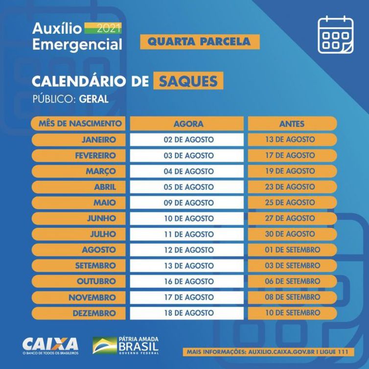 Calendário com as datas de saque do auxílio emergencial – Foto: Divulgação/Caixa/ND