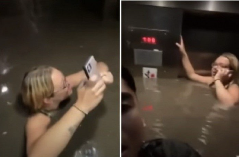 Vídeo mostra o drama dos moradores presos no elevador alagado – Foto: Reprodução